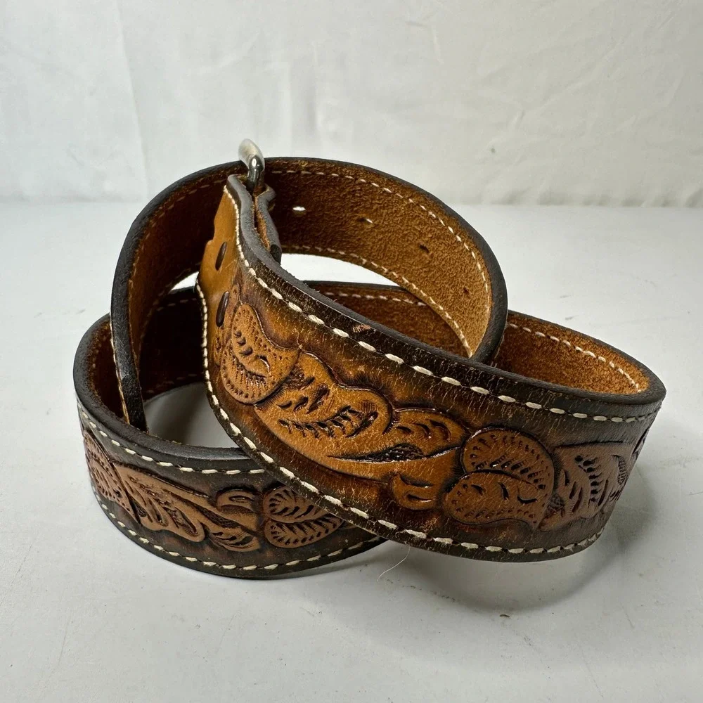 Vintage Hand Tooled Leather Floral Belt Brown Western Boho Silver Buckle 31in